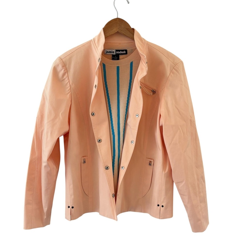 Jamie Sadock Jacket Sweater Set Womens L Peach Striped Golf Zip Pockets‎